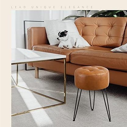 LUE BONA Faux Leather Vanity Stool Chair for Makeup Room,Brown Stool for Vanity,19” Height, Tufted Small Vanity Chair with Metal Legs, Modern Foot Ottoman for Bedroom, Living Room