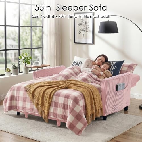55'' Sleeper Sofa Bed, Convertible Pull Out Couch(Pink)