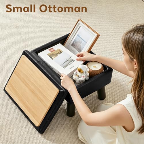 Storage Ottoman, Small Foot Stool Ottoman with Storage, Faux Leather Foot Rest with Wood Legs, Footstool for Living Room, Bedroom, Entryway, Black