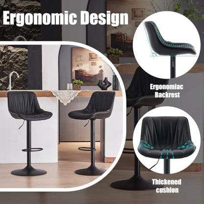 Kidol & Shellder Bar Stools Set of 2 Adjustable Swivel Counter Height Barstools Modern Upholstered PU Leather Bar Chairs Stools for Kitchen Island Black