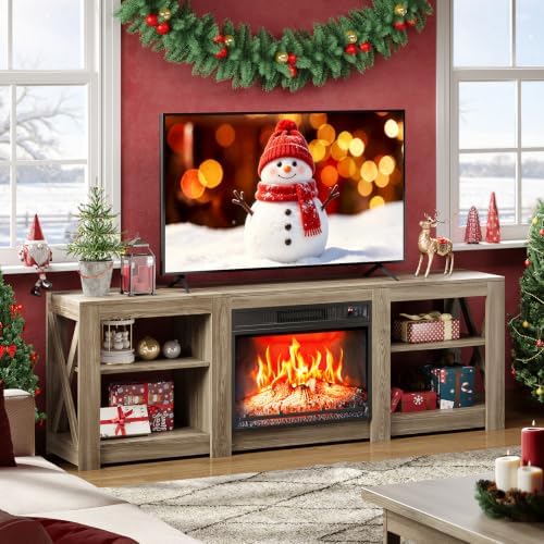 VINGLI 70" Farmhouse Fireplace TV Stand for 80 Inch TVs, Gray Oak
