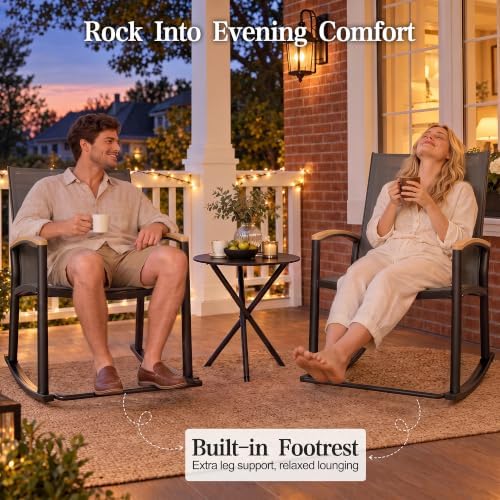 Shintenchi 3 Piece Outdoor Rocking Bistro Set, Textilene Fabric Small Patio Furniture Set, Front Porch Rocker Chairs Conversation Set with Table for Lawn, Garden, Balcony, Poolside (Light Gray)