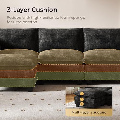 KKL Modular Sectional Sofa, L-Shaped 4 Seater Cloud Couch with Ottoman, Chenille Modern Sectional Couches for Living Room, Apartment, Black