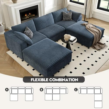 118" Cloud Couch Modular Sectional Sofa for Living Room,Modern Sofa with Deep Seat，U-Shape Boneless Couch with 2 Ottoman,Comfy Upholstered Corduroy Couches for Apartment, Studio, Office,Bedroom，Blue