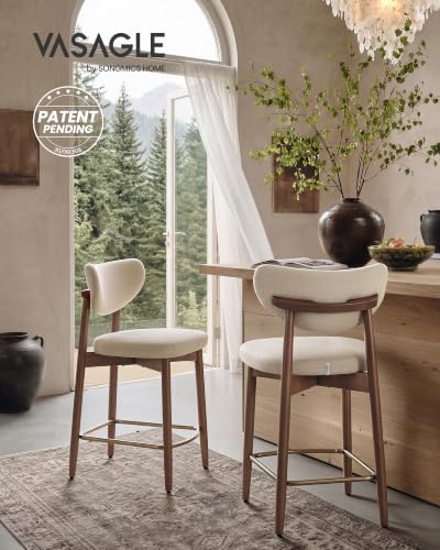 VASAGLE Wooden Bar Stools Set of 2, Linen-Look Fabric, Cappuccino Beige