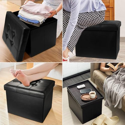 AmasSmile Ottoman with Storage,17" Folding Leather Foot Rest Chest,Black