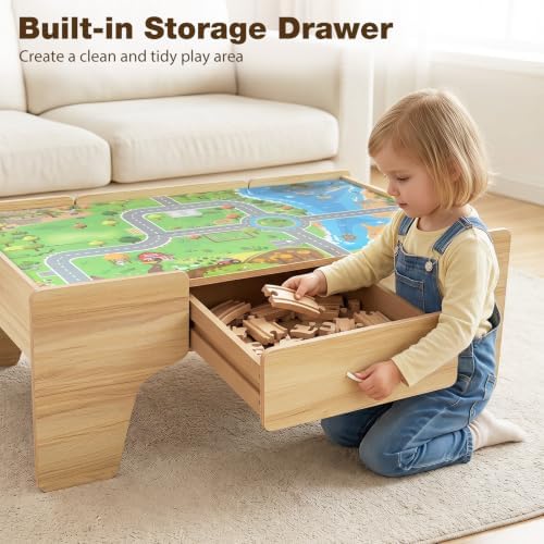 Costzon 110-Piece Wooden Train Table with Drawer for 3+ Years Old Toddlers