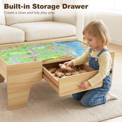 Costzon 110-Piece Wooden Train Table with Drawer for 3+ Years Old Toddlers