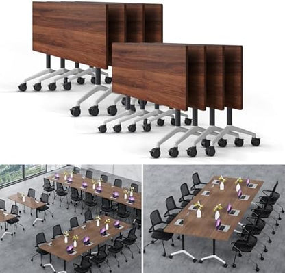 Folding Conference Table Modern Large Mobile Meeting Table Rolling Conference Room Tables with Wheels Seminar Tables for Office Training Classroom (8, Walnut, 70.9" D X 23.6" W X 29.5" H)