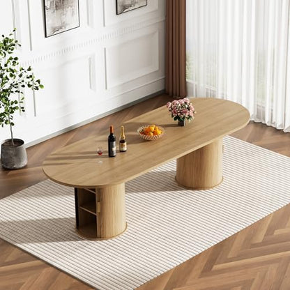 63'' to 94'' Extendable Dining Table for 6-10 People,Oval Kitchen Table with Pillar Base,Farmhouse Expandable Dining Room Table for Living Room, Extendable Desk Convert to 63'', 79 '', 94'' (Brown)