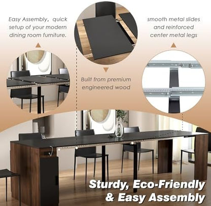 24"-118" Extendable Dining Room Table with Storage and Outlet, Walnut&Black