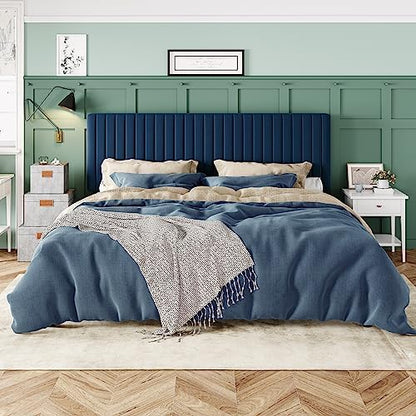 Allewie King Bed Frame, Velvet Upholstered Platform Bed with Adjustable Vertical Channel Tufted Headboard, Mattress Foundation with Strong Wooden Slats, Box Spring Optional, Easy Assembly, Navy Blue