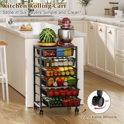 Kitchen Rolling Cart with 6 Storage Drawers, 6-Tier Fruit Vegetable Storage Cart on Wheels, Kitchen Rolling Storage Rack to Storage Cans Snacks and Potato for Kitchen Black(Patent Pending)