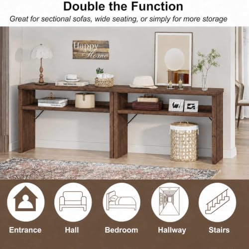 BON AUGURE 47 Inch Narrow Entryway Table, Fluted Console Table, Rustic Oak
