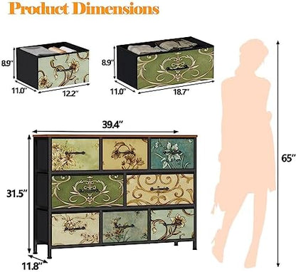 8 Drawer Dresser for Bedroom, Wide Vintage Fabric Chest of Drawers
