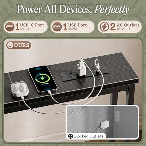 Huuger 118.1 Inch Behind Couch Table with 2 Power Outlets and USB-C Ports, Extra Long Narrow Sofa Table for Sectional Sofa, Skinny Console Table with Anti-Bump Pads, for Living Room, Black