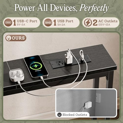 Huuger 118.1 Inch Behind Couch Table with 2 Power Outlets and USB-C Ports, Extra Long Narrow Sofa Table for Sectional Sofa, Skinny Console Table with Anti-Bump Pads, for Living Room, Black