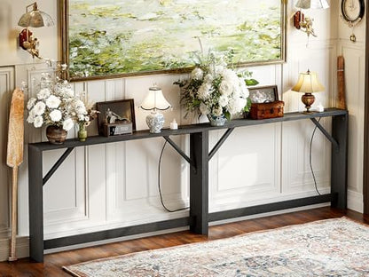 TIQLAB 5.9 Inch Narrow Console Table with Power Outlet,Sofa Table Set of 2，Total Length 94'' Sofa Table Behind Couch，for Entryway&Living Room, Black