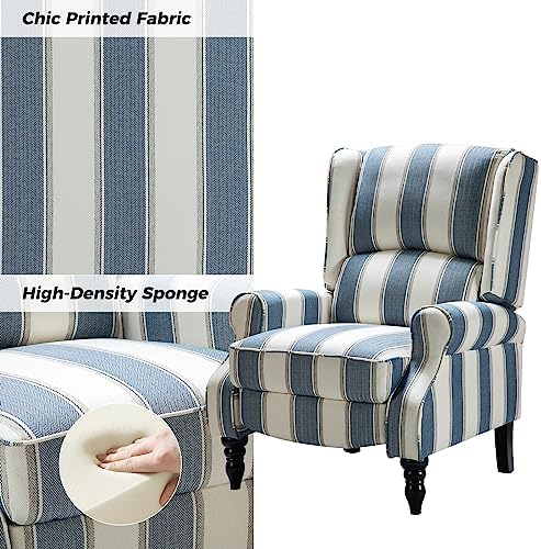 HULALA HOME Upholstered Wingback Recliner Chair Set of 2, Small Adjustable Footrest Push Back Single Reclining Sofa, Mid Century Modern Lounge Armchair for Living Room, Bedroom, Reading/Stripe Navy