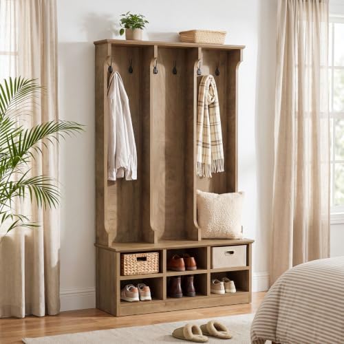 Tribesigns Hall Tree with Bench and Shoe Storage, Rustic Oak