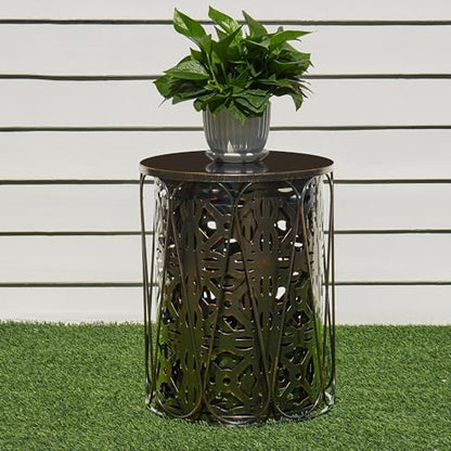 Y&M Outdoor Side Tables Set of 3, Round Metal Stacking Patio Side Tables, Indoor & Outdoor End Tables, Decorative Garden Stool Plant Stand for Patio, Garden, Balcony, Porch, Black with Bronze