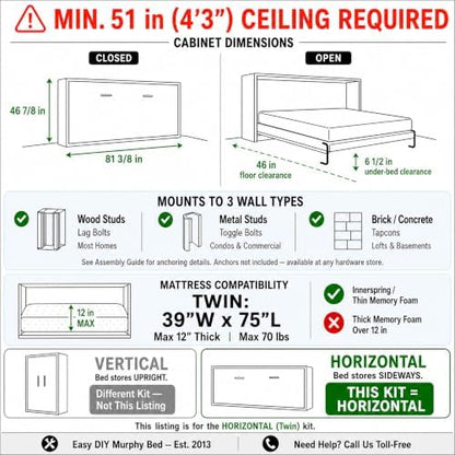Twin Size Horizontal Murphy Bed Hardware Kit Side-Fold Wall Bed Frame DIY Twin Murphy Bed Kit with Gas Pistons +3 Step-by-Step Guides Made in North America Space-Saving Hideaway Bed