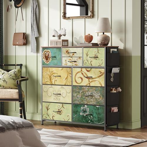 WLIVE 10 Drawer Fabric Dresser for Bedroom, Side Pocket Chest, Floral