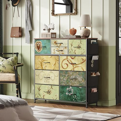 WLIVE 10 Drawer Fabric Dresser for Bedroom, Side Pocket Chest, Floral