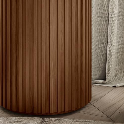 POVISON Round Coffee Side Table, Mid Century Wood End Table, Fluted Side Table for Living Room Bedroom Office, 20.08", Light Walnut