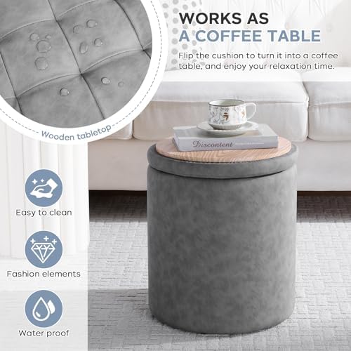 Faux Round Ottoman with Storage, Small Foot Stool for Living Room Bedroom
