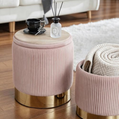 Round Ottoman with Storage Set of 2 Pink Velvet Vanity Stool