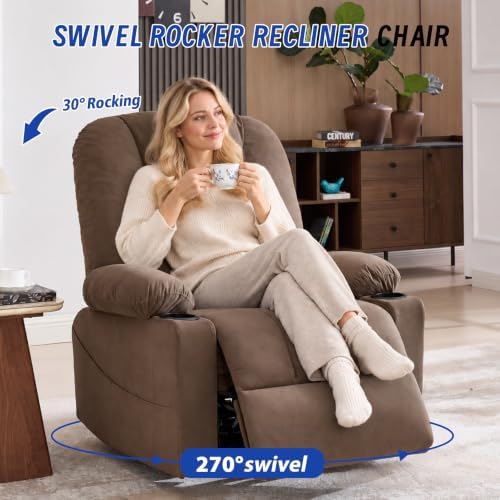 Power Swivel Rocker Recliner Chair for Adults, Electric Rocking Recliner with Massage and Heat for Living Room Bedroom, Fabric Reclining Sofa Chair with USB and Type-C Ports,Brown