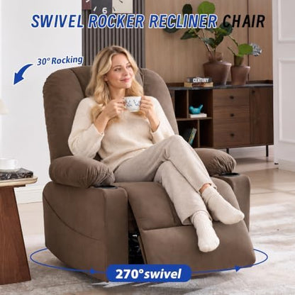 Power Swivel Rocker Recliner Chair for Adults, Electric Rocking Recliner with Massage and Heat for Living Room Bedroom, Fabric Reclining Sofa Chair with USB and Type-C Ports,Brown