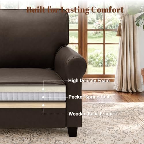 Kingfun Faux Leather Armchair Sofa with Rolled Arms,Cocoa