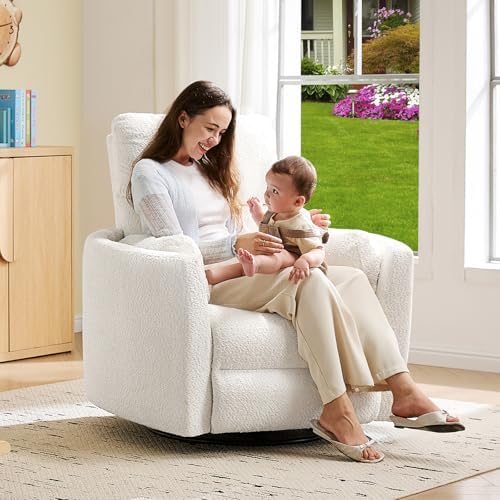 Jocisland Swivel Rocker Recliner, Nursery Chair USB&Teddy, White