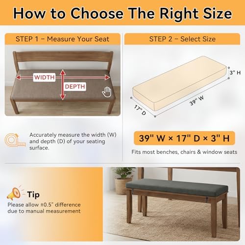 Bench Cushion for Indoor Furniture Dark Gray, 39x17x3 inch