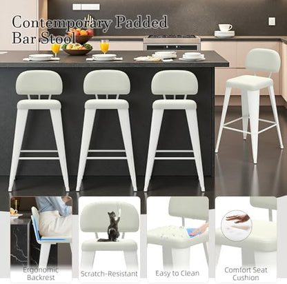 24 Inch Metal Bar stools Set of 4, Upholstered Counter Height Bar Stools with Removable Back & Metal Legs, Industrial Barstools for Kitchen Island, Cafe (Beige Seat, White Legs)