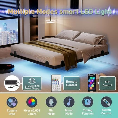 qimamo Floating Queen Bed Frame, 7 Inch Metal Platform Bed with Smart LED Lights & Charging Station, Easy Assembly, No Box Spring Needed