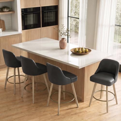 Counter Height Bar Stools Set of 4, Modern Swivel Barstools with Back and Wood Legs, Faux Leather Upholstered Bar Chairs, 26" Seat Height Counter Stools for Kitchen Island,Black
