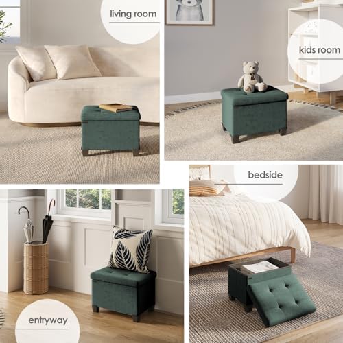 Storage Ottoman Cube with Small Bin, 16-in Square Ottoman with Storage for Living Room and Bedroom, Small Ottomans Foot Rest, Velvet Foot Stools Ottomans Max 330lbs, Green