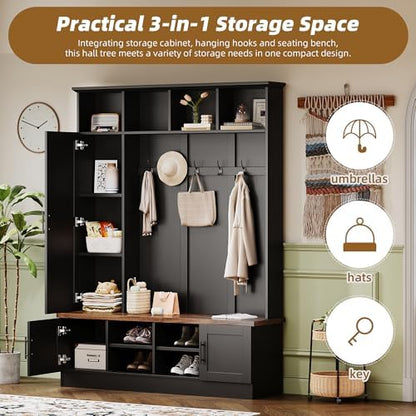 Merax Farmhouse Wood Hall Tree with Shoe Bench and 2 Drawers, 4-in-1 Coat Rack with 6 Hooks for Entrance, Hallway, Mudroom Black