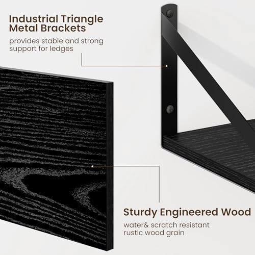 Floating Shelves for Wall, 12 Inch Deep Floating Shelves Set of 2, 24W x 12D Large Wall Shelf with Sturdy Metal Brackets for Living Room, Bathroom, Bedroom and Kitchen, Black