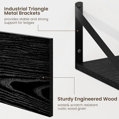 Floating Shelves for Wall, 12 Inch Deep Floating Shelves Set of 2, 24W x 12D Large Wall Shelf with Sturdy Metal Brackets for Living Room, Bathroom, Bedroom and Kitchen, Black