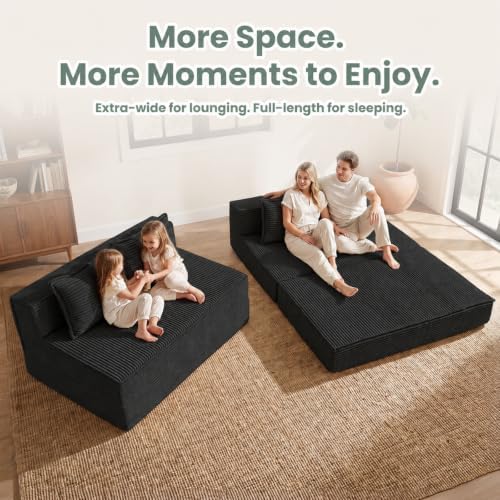 Oversized Corduroy Folding Sofa Bed with Pillow,Convertible Foam Futon Floor Lounge Chair,Loveseat Size Fold‑Out Sleeper Couch,No Assembly for Bedroom,Reading Nook,Studio,Black