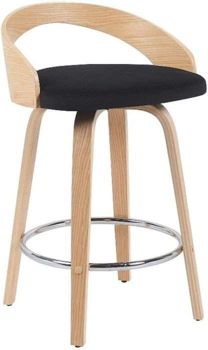 Sonia Modern Swivel Counter Height Bar Stool with Black Upholstered Seat and Patterned Oak Wood Finish Set of 4