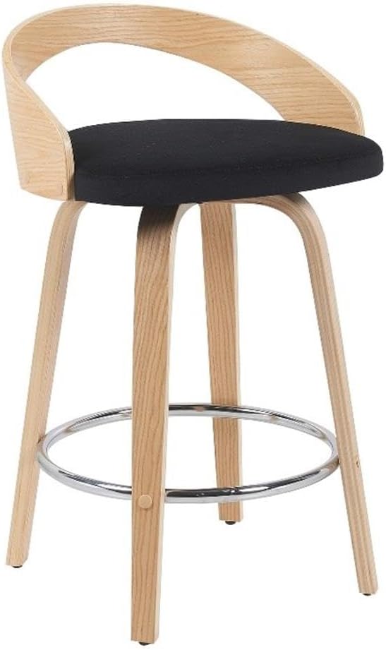 Sonia Modern Swivel Counter Height Bar Stool with Black Upholstered Seat and Patterned Oak Wood Finish Set of 2
