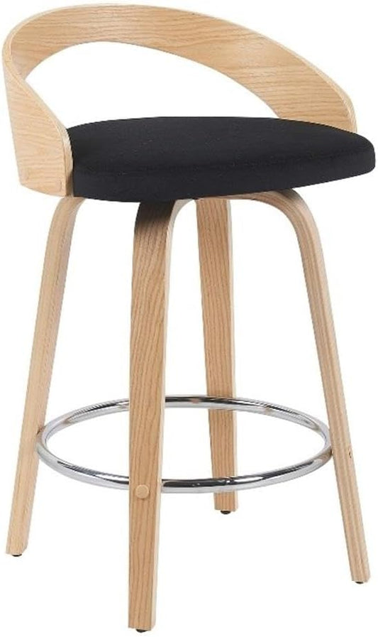 Sonia Modern Swivel Counter Height Bar Stool with Black Upholstered Seat and Patterned Oak Wood Finish Set of 2