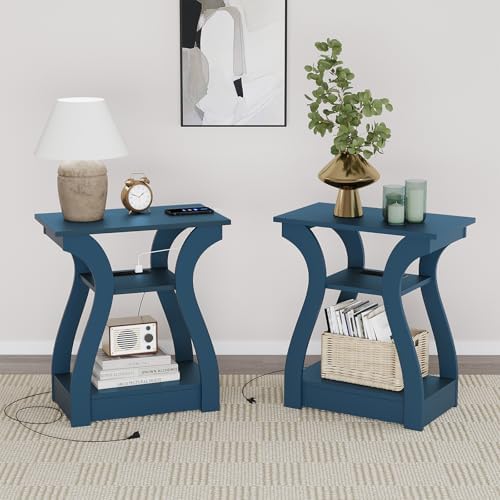 End Tables Living Room, End Table with Charging Station Navy Blue
