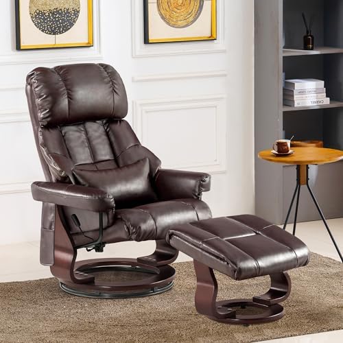 MCombo Manual Swivel Recliner with Ottoman, Reclining Chair with Vibration Massage for Small Spaces, Living Room, Office, Faux Leather 9068 (Dark Brown)