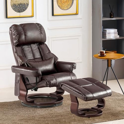 MCombo Manual Swivel Recliner with Ottoman, Reclining Chair with Vibration Massage for Small Spaces, Living Room, Office, Faux Leather 9068 (Dark Brown)